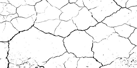 Black and white cracked texture resembling dried, parched earth with rough, jagged lines and scattered grunge details. Ideal for distressed backgrounds, erosion effects, or abstract design themes.