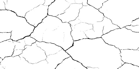 Black and white cracked texture resembling dried, parched earth with rough, jagged lines and scattered grunge details. Ideal for distressed backgrounds, erosion effects, or abstract design themes.