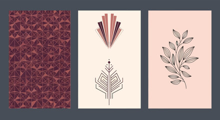 Three abstract art prints featuring geometric shapes, patterns, and a botanical illustration, displayed side-by-side.