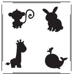 Animal Silhouettes Set - Monkey, Giraffe, Rabbit, and Whale Icons, Wildlife Graphics for Nature, Children’s Design, and Creative Use
