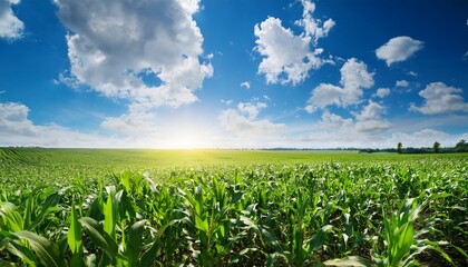 lush green cornfield under bright blue sky with sunlight and fluffy clouds in the background creating a picturesque summer atmosphere