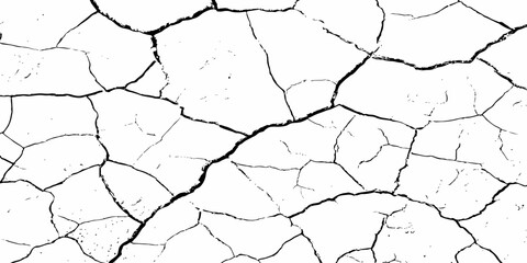 Black and white cracked texture resembling dried, parched earth with rough, jagged lines and scattered grunge details. Ideal for distressed backgrounds, erosion effects, or abstract design themes.