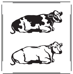Cow Silhouettes Set - Lying Cow with Black and White Spots, Animal Design, Farm Animal Graphics for Nature, Agriculture, and Creative Use
