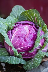 Fototapeta premium Fresh purple cabbage with vibrant green leaves, showcasing natural texture and color in a garden setting.