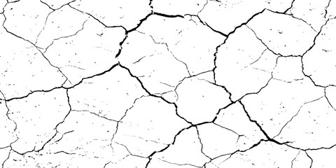 High-contrast black and white cracked surface texture, resembling dry earth or aged concrete. Grunge pattern with organic fractures, perfect for distressed backgrounds or abstract design effects.