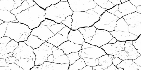 High-contrast black and white cracked surface texture, resembling dry earth or aged concrete. Grunge pattern with organic fractures, perfect for distressed backgrounds or abstract design effects.