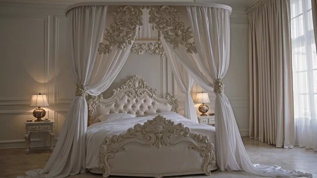 Lavish royal bedroom with ornate chandelier and velvet canopy bed