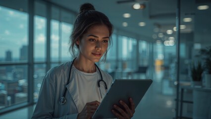 Fototapeta premium A female doctor in a white coat using a tablet in a modern office with large windows overlooking the city