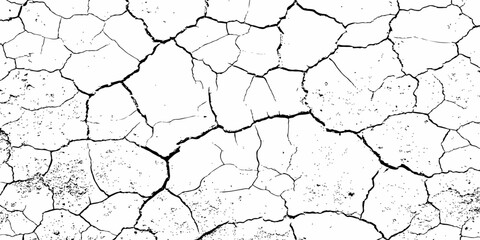 Black and white cracked texture resembling dry, parched earth or aged concrete. High-contrast grunge pattern ideal for backgrounds, distress overlays, or abstract design elements.
