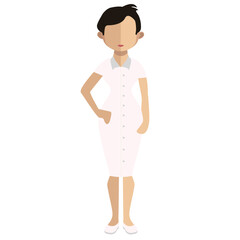 a vector illustration of a  woman in white dress with short haircut, faceless character