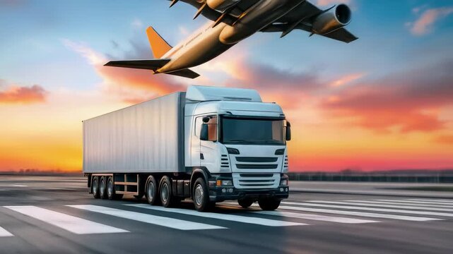 Transportation logistics network with trucks, airplane at sunset. Commercial freight delivery, cargo shipping, supply chain operations. Global trade infrastructure, multimodal transport system concept