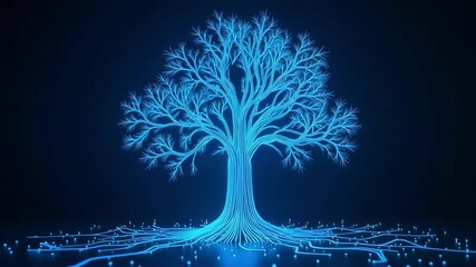 Data tree pulsing with energy, connecting roots and network nodes in digital space