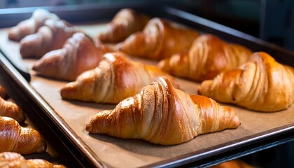 freshly prepared croissants on baking trays before being baked in the oven