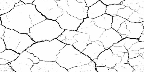 Black and white cracked texture resembling dry, parched earth or aged concrete. High-contrast grunge pattern ideal for backgrounds, distress overlays, or abstract design elements.