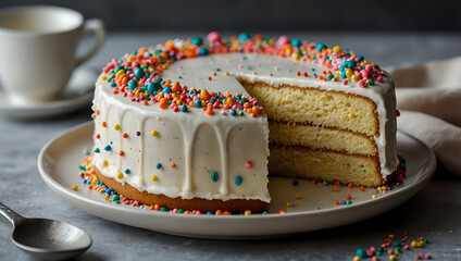 Vanilla cake with white icing and colorful sprinkles.