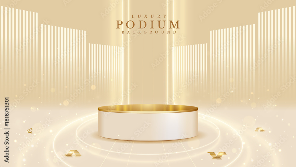 Poster empty elegant podium golden on cream color background with light neon effects and glow bokeh with go