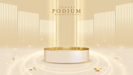 Empty elegant podium golden on cream color background with light neon effects and glow bokeh with gold ball decorations. Luxury scene design concept.
