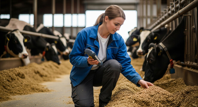 Young female veterinarian checking cow feed in front of cattle on dairy farm, farming