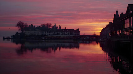 Fototapeta premium Vibrant Pink Sunset Over City Harbor