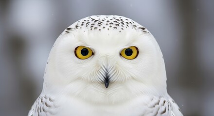 Obraz premium Close up portrait of snowy owl face with yellow eyes in winter wildlife animal photography image capture