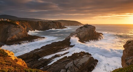 Obraz premium Dramatic Coastal Scenery at Sunset with Crashing Waves and Rocky Cliffs Creating a Picturesque Seascape View