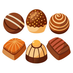 A delightful assortment of six artisanal chocolates showcasing a variety of shapes colors and decorative toppings perfect for indulging in a sweet treat or gifting