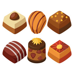 A delightful array of six artisanal chocolates each with unique shapes colors and toppings presented in an isometric view against a clean white background perfect