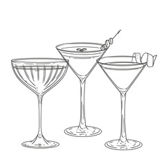 Original cocktail drinks illustration. Minimalist drawing of glasses. Ideal for celebrations, bars, posters, menus, or graphic design.