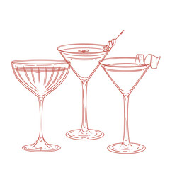 Original cocktail drinks illustration. Minimalist drawing of glasses. Ideal for celebrations, bars, posters, menus, or graphic design.