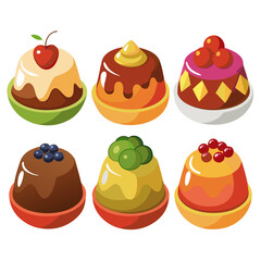 A colorful assortment of six cartoon style desserts each a unique flavor and design featuring various fruits and toppings all presented in individual bowls against