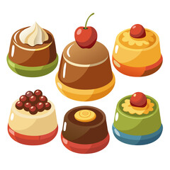 Colorful Cartoon Dessert Assortment A Collection of Six Delicious Looking Treats with Various Toppings Including Cherries Cream and Berries Presented in a Playful and Appetizing