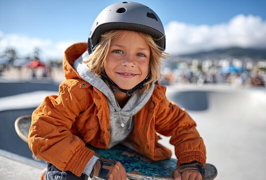 A young boy with wavy hair, wearing an orange jacket and jeans, skateboarding at the skatepark. - Powered by Adobe