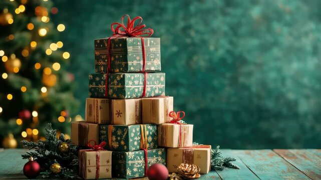 Festive stack of beautifully wrapped gifts by Christmas tree on wooden surface