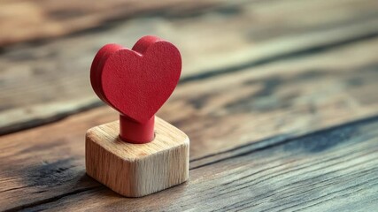 Red heart on wooden block rustic table - Powered by Adobe