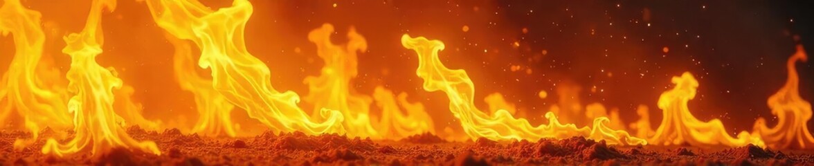 Fototapeta premium Dramatic Wildfire Intense Yellow Flames Engulfing Dry Brush, a Vibrant Image of Heat, Energy, and Fiery Passion, Perfect for Summer or Environmental Themes
