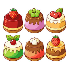 A delightful assortment of six cartoon desserts each a unique flavor profile with vibrant colors and toppings like strawberries cherries and green grapes perfect for