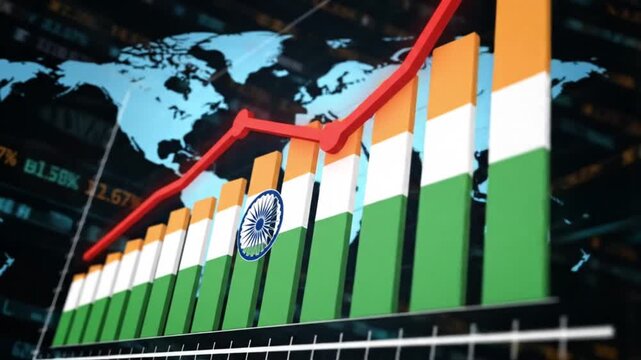economic growth india, Rising bar graph animation over Indian flag showing financial development investment opportunity and market expansion - Powered by Adobe