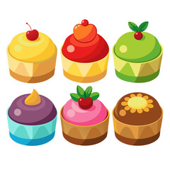 Colorful Cartoon Cupcakes Assortment A delightful collection of six uniquely decorated cupcakes each boasting vibrant colors and whimsical toppings perfect for illustrations designs and sweet