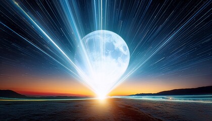 a bright light shooting across the sky with a large moon in the background