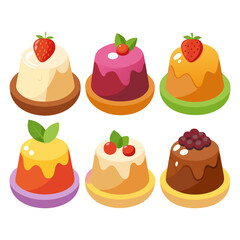 Colorful Cartoon Dessert Collection Six Isometric Puddings with Various Toppings Including Strawberries Cherries and Berries Set on Colorful Plates Perfect for a Sweet Treat Illustration