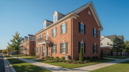 Obraz premium Charming brick townhouses with manicured lawns lining a suburban street on a sunny day