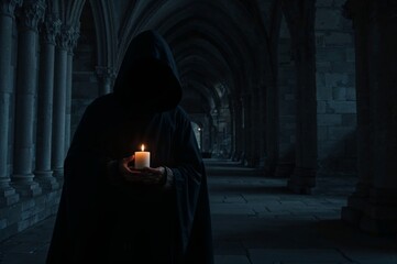 Mysterious hooded figure holding a single lit candle in a dark, ancient stone monastery cloister.