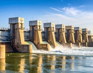 Dam's spillways discharge water under a clear sky