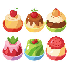 Colorful Cartoon Dessert Assortment A delightful collection of six unique pudding desserts each topped with fruit and presented in vibrant eye catching colors perfect for