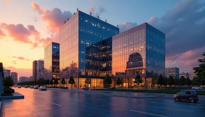 Fototapeta premium Sleek Glass Skyscraper Reflecting Sunset Cityscape Impressive Modern Commercial Building Architecture