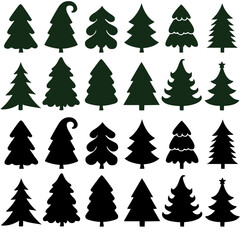 black Christmas tree drawing clip art collection in white background for Xmas season pine tree Vector Illustration.