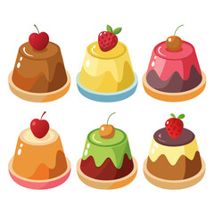 Colorful Cartoon Pudding Desserts with Fruit Toppings A delightful array of six puddings each uniquely flavored and topped with cherries or strawberries presented in a