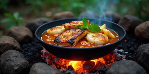 Delicious campfire-cooked meal sizzling over glowing embers Perfect for outdoor adventures and camping recipes Enjoy the rustic charm and smoky flavors , tasty, vegetables