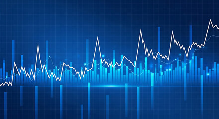 Abstract blue background with financial data charts and graphs showing market trends