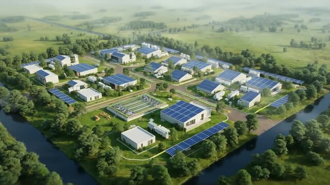 High-angle drone footage of a futuristic smart city with eco-buildings and green rooftops powered by solar technology